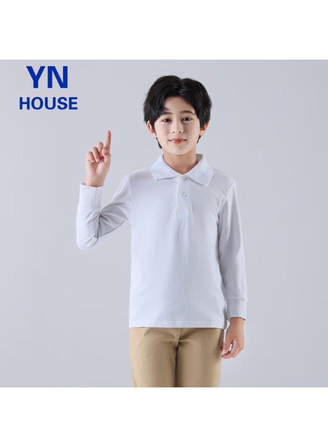 Yinuofang Children's Polo Shirt, Long-sleeve T-shirt, Cotton Shirt, White, Uni, White Long Sleeve, Size 160 - Image 4