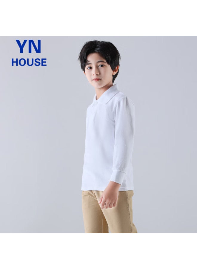 Yinuofang Children's Polo Shirt, Long-sleeve T-shirt, Cotton Shirt, White, Uni, White Long Sleeve, Size 160 - Image 5