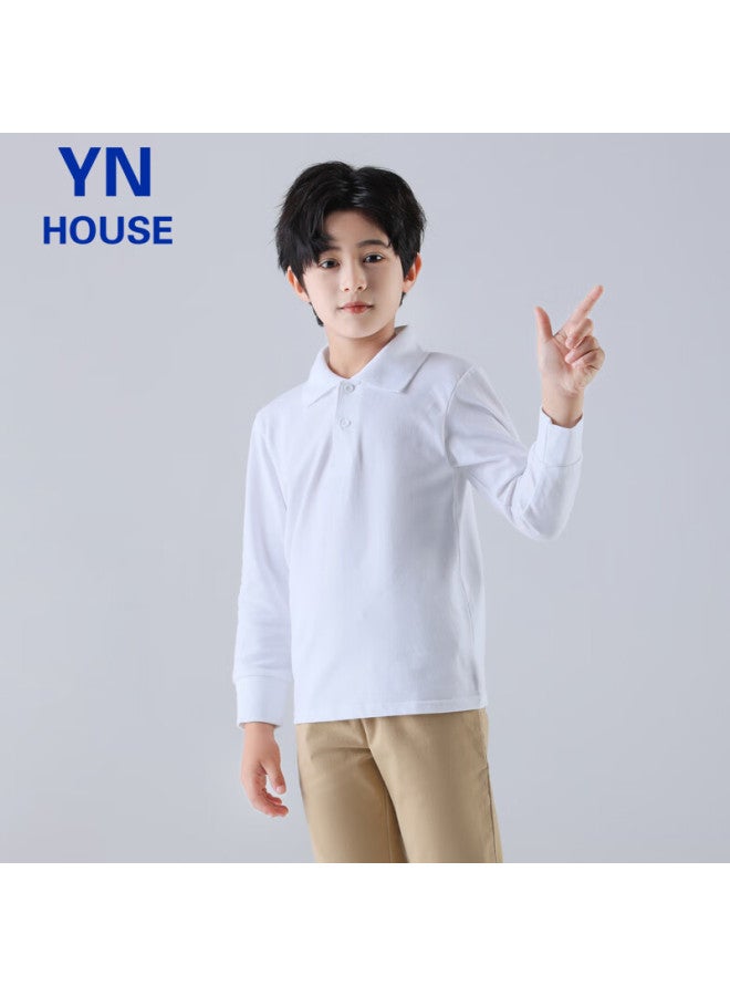 Yinuofang Children's Polo Shirt, Long-sleeve T-shirt, Cotton Shirt, White, Uni, White Long Sleeve, Size 160 - Image 2