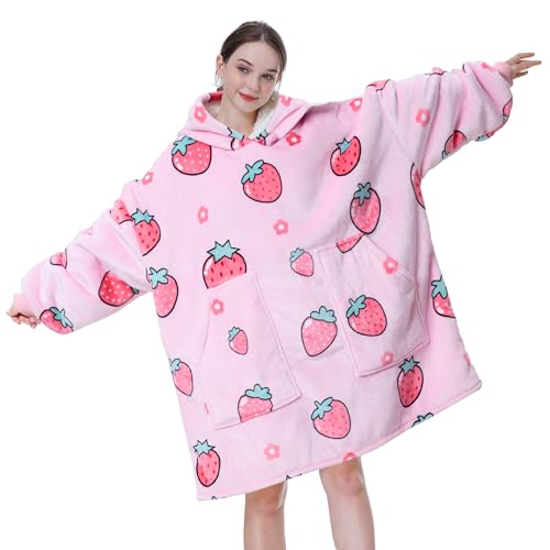 Aemicion Blanket Hoodie for Adults,Super Warm Cozy Giant Wearable Blanket,Thick Sherpa Sweatshirt Blanket with Sleeves as Gifts for Women Mom Teen Girls -Pink Strawberry - Image 2