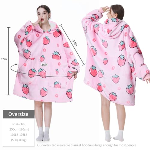 Aemicion Blanket Hoodie for Adults,Super Warm Cozy Giant Wearable Blanket,Thick Sherpa Sweatshirt Blanket with Sleeves as Gifts for Women Mom Teen Girls -Pink Strawberry - Image 3