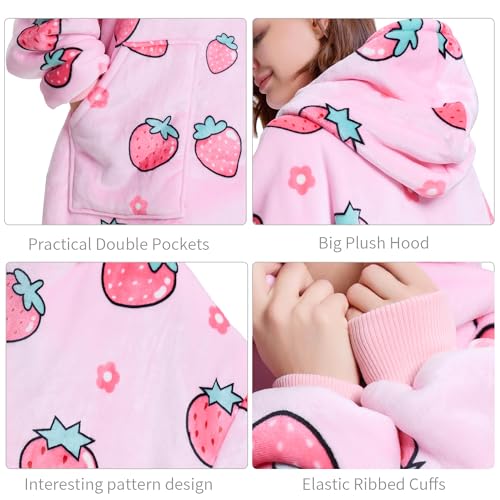 Aemicion Blanket Hoodie for Adults,Super Warm Cozy Giant Wearable Blanket,Thick Sherpa Sweatshirt Blanket with Sleeves as Gifts for Women Mom Teen Girls -Pink Strawberry - Image 4