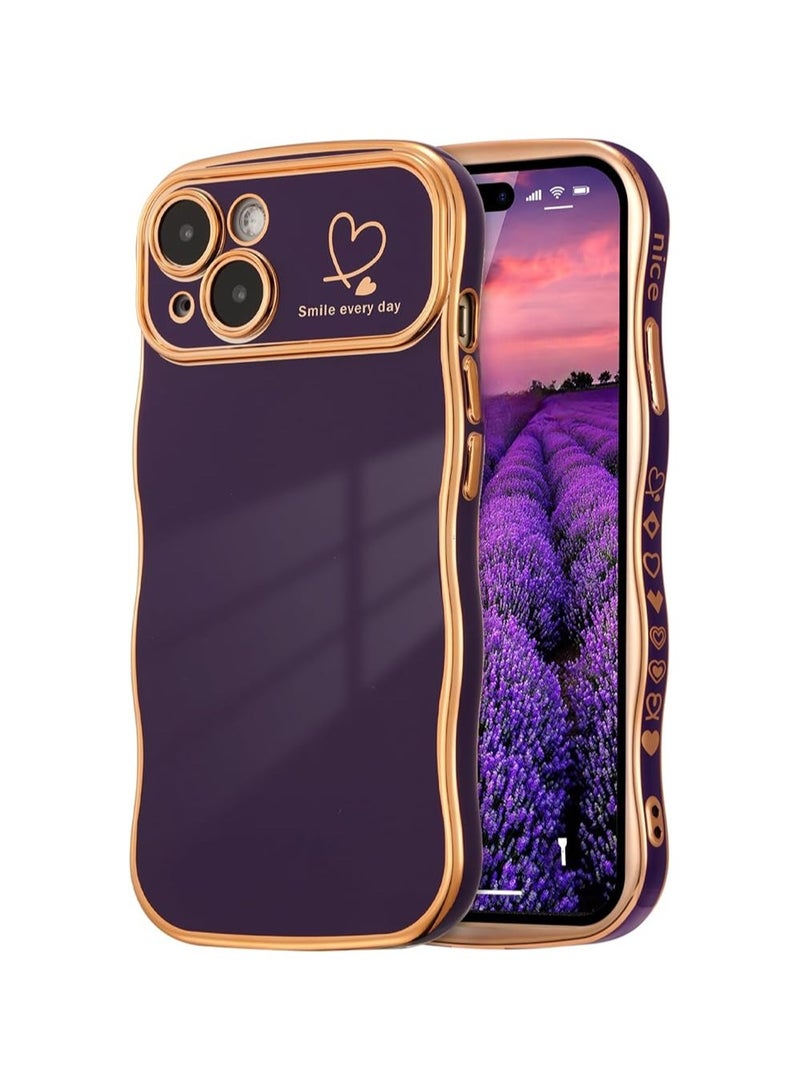 WRISTWISE Case Cover for iPhone 15 Plus 6.7 Inch, Cute Curly Wave Border Case with Love Heart Pattern, Luxury Electroplating Edge Full Camera Protection Shockproof Phone Case for Women Girls - Purple - Image 1