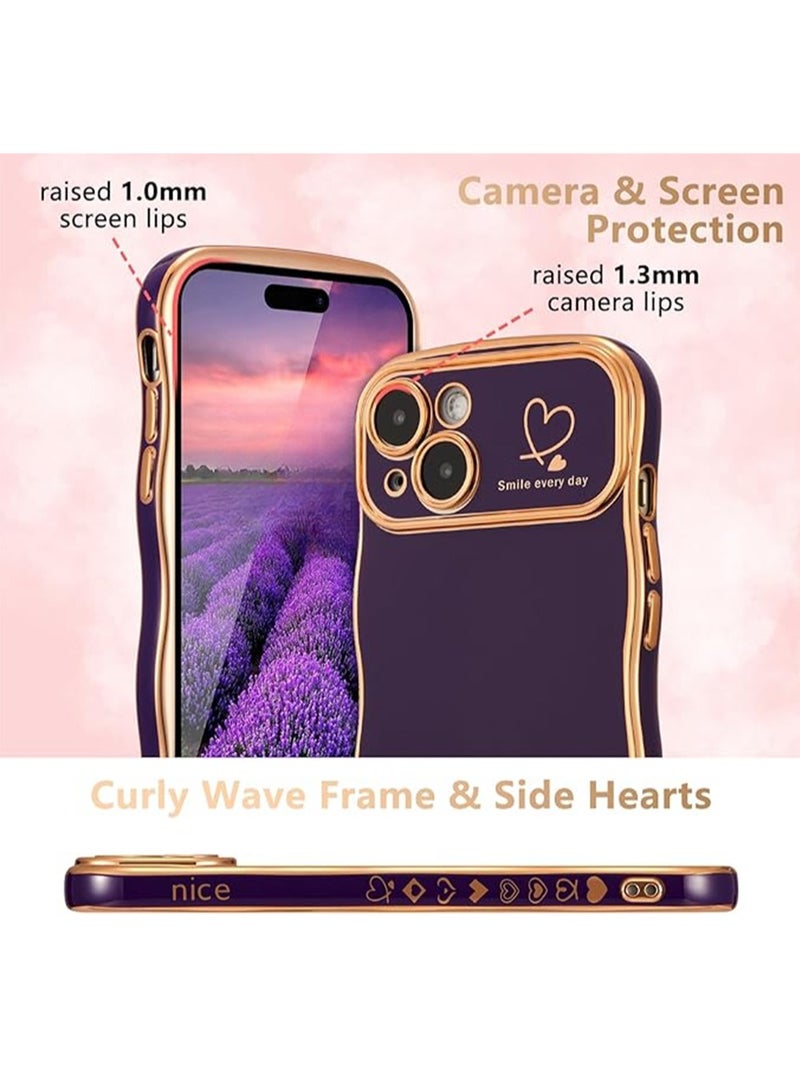 WRISTWISE Case Cover for iPhone 15 Plus 6.7 Inch, Cute Curly Wave Border Case with Love Heart Pattern, Luxury Electroplating Edge Full Camera Protection Shockproof Phone Case for Women Girls - Purple - Image 2