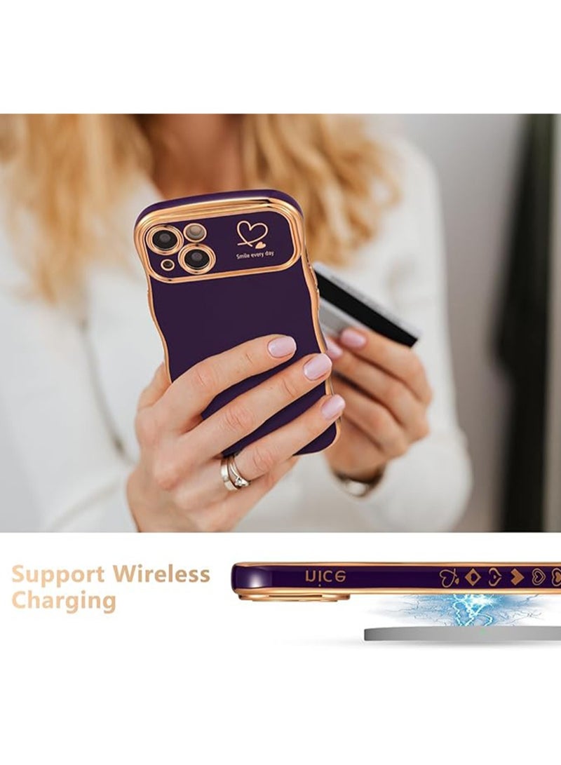 WRISTWISE Case Cover for iPhone 15 Plus 6.7 Inch, Cute Curly Wave Border Case with Love Heart Pattern, Luxury Electroplating Edge Full Camera Protection Shockproof Phone Case for Women Girls - Purple - Image 3