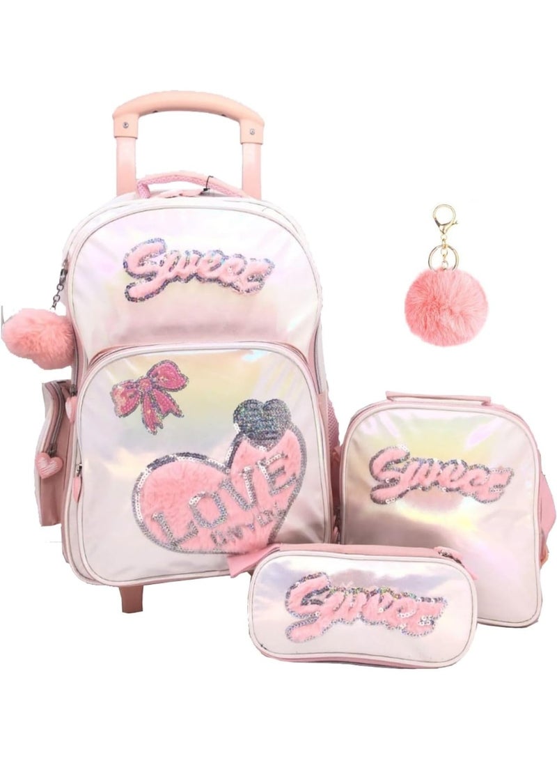 73Hours 15-Inch Shining PU 3PCS Trolley Set for Girls  Boys – Rolling School Bag with Lunch Bag, Pencil Case, Side Bottle Holder | Travel Luggage Set | School Bags For Boys  Girls | School luggage bag  (B866-15T3) - Image 1