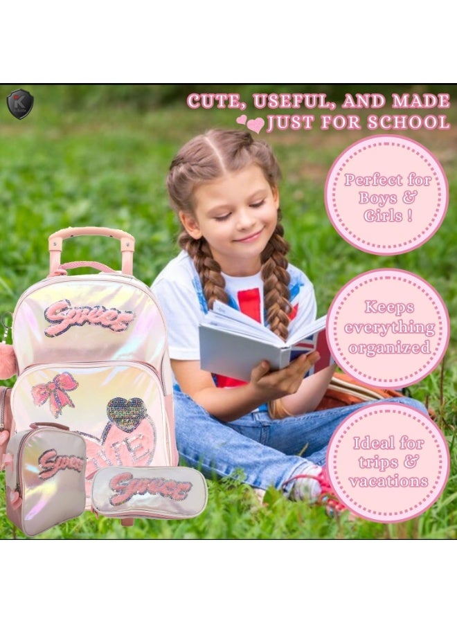 73Hours 15-Inch Shining PU 3PCS Trolley Set for Girls  Boys – Rolling School Bag with Lunch Bag, Pencil Case, Side Bottle Holder | Travel Luggage Set | School Bags For Boys  Girls | School luggage bag  (B866-15T3) - Image 2