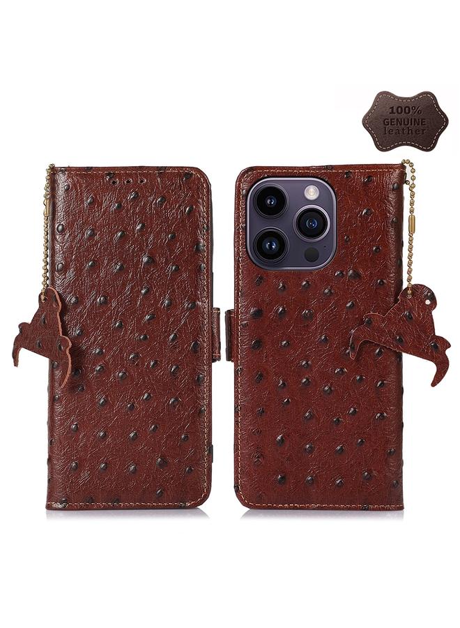 S-TOP Case For iPhone 15 Pro Max Ostrich Pattern Genuine Leather RFID Phone Case - Image 1