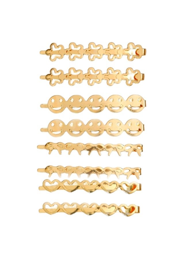Yellow Bee Metallic Bow, Flower, Heart and Smiley Hair Clips, Pack of 8, Golden - Image 1