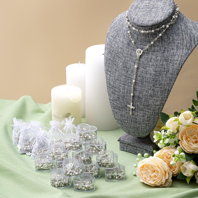 ROCEEI 24 Pcs Catholic Rosary Necklace 4 mm Glass Beads Rosary Favors Crucifix Prayer with Faux Pearl with Heart Shaped Box and Organza Bag for First Communion Baptism (White) - Image 3