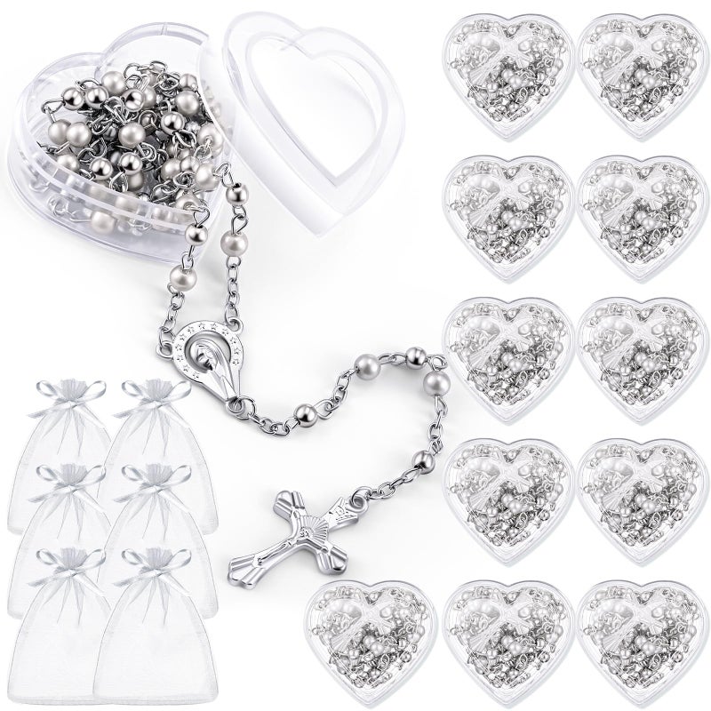 ROCEEI 24 Pcs Catholic Rosary Necklace 4 mm Glass Beads Rosary Favors Crucifix Prayer with Faux Pearl with Heart Shaped Box and Organza Bag for First Communion Baptism (White) - Image 1
