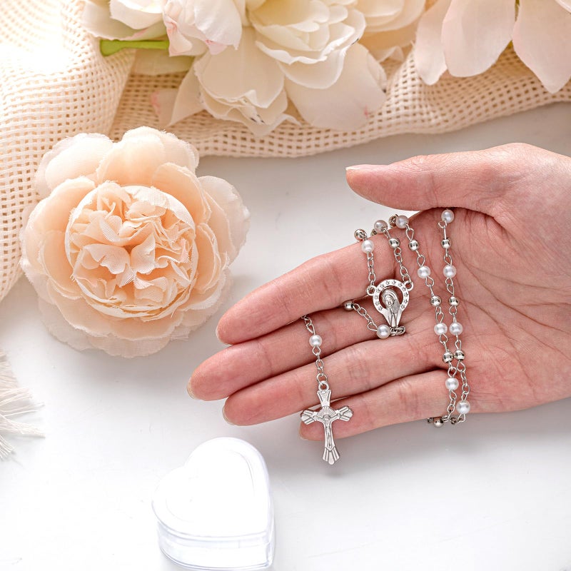 ROCEEI 24 Pcs Catholic Rosary Necklace 4 mm Glass Beads Rosary Favors Crucifix Prayer with Faux Pearl with Heart Shaped Box and Organza Bag for First Communion Baptism (White) - Image 4