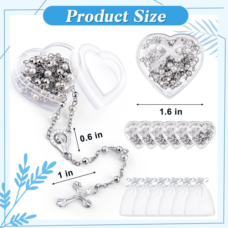 ROCEEI 24 Pcs Catholic Rosary Necklace 4 mm Glass Beads Rosary Favors Crucifix Prayer with Faux Pearl with Heart Shaped Box and Organza Bag for First Communion Baptism (White) - Image 2