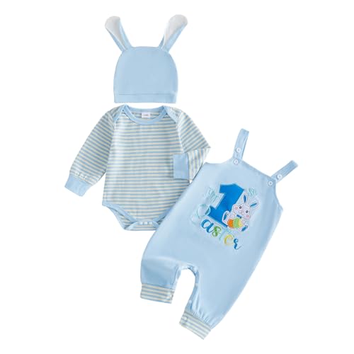 DNOMAID YZARC My 1st Easter Baby Boy Outfit Stripe Long Sleeve Romper Bunny Embroidered Overalls Pants Hat Set 3Pcs Clothes (Light Blue, 6-12 Months) - Image 1