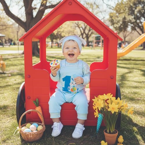 DNOMAID YZARC My 1st Easter Baby Boy Outfit Stripe Long Sleeve Romper Bunny Embroidered Overalls Pants Hat Set 3Pcs Clothes (Light Blue, 6-12 Months) - Image 2