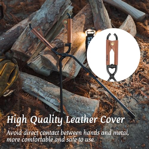 OMUKY Fireplace Tongs Log Claw Tongs with Faux Leather Handle Cover Log Grabber Clamp Tool for Indoor & Outdoor Camping Campfire Fireplace Fire Pit(Black) - Image 3