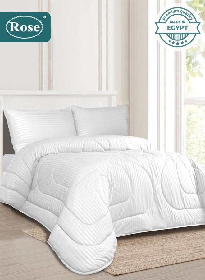 Rose Hotel Striped Comforter Set, Premium Microfiber, 4 pieces, Fits 120x200 cm Single Size Bed, Soft Lightweight, Extra Twin Size Comforter, White - Image 1
