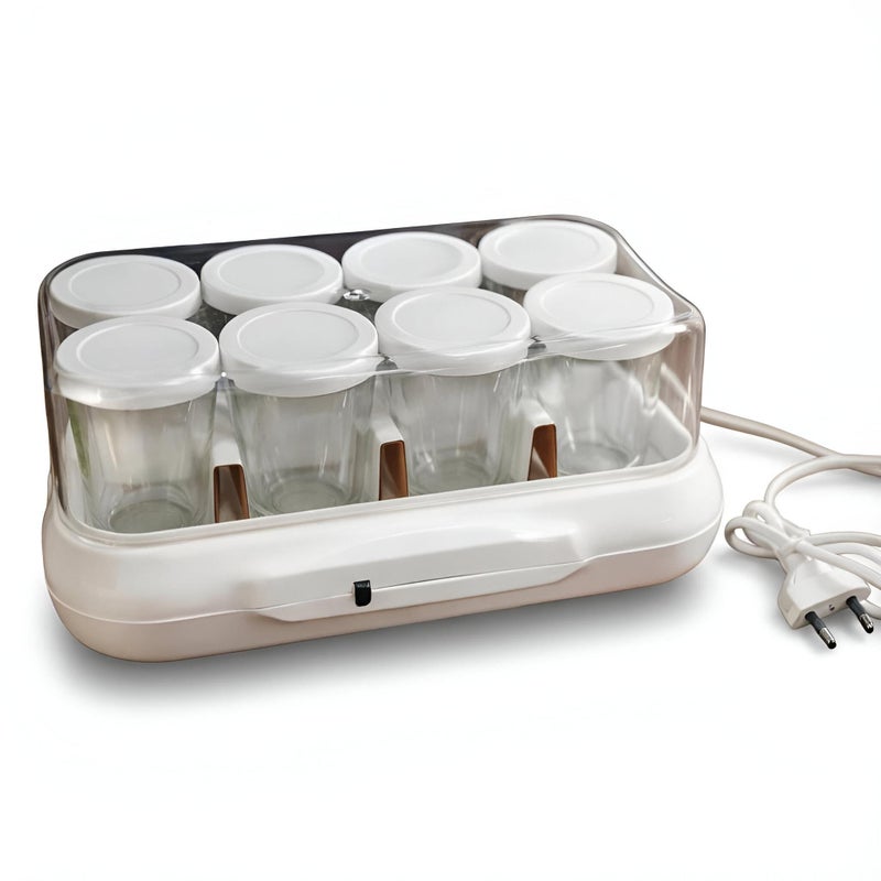 Yogurt Machine - Fully electric yogurt maker featuring 8 durable glass jars with secure lids, ideal for consistent homemade yogurt in a sleek white design. - Image 1