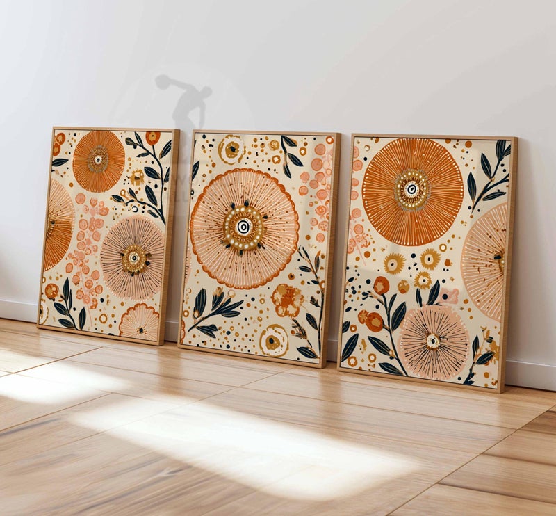 TNESSENTIAL Boho Floral Wall Art Set of 3, Abstract Botanical Prints in Orange and Beige, Modern Sunburst Flower Art for Living Room or Bedroom Decor - Image 1