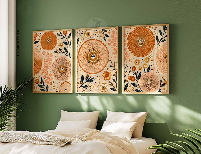 TNESSENTIAL Boho Floral Wall Art Set of 3, Abstract Botanical Prints in Orange and Beige, Modern Sunburst Flower Art for Living Room or Bedroom Decor - Image 5