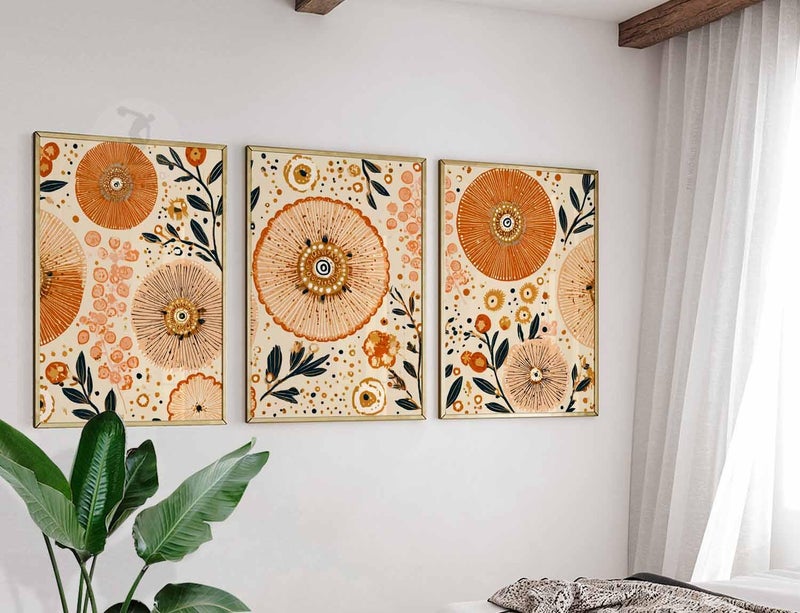 TNESSENTIAL Boho Floral Wall Art Set of 3, Abstract Botanical Prints in Orange and Beige, Modern Sunburst Flower Art for Living Room or Bedroom Decor - Image 3