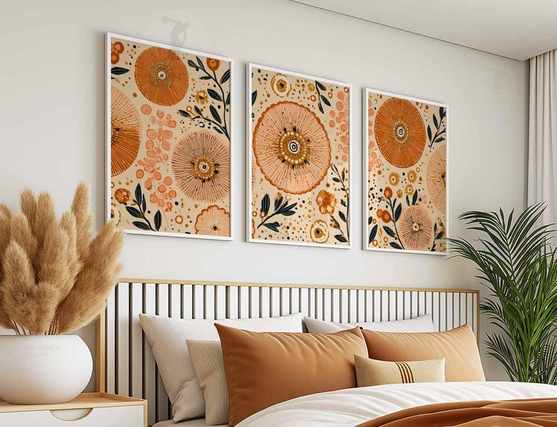 TNESSENTIAL Boho Floral Wall Art Set of 3, Abstract Botanical Prints in Orange and Beige, Modern Sunburst Flower Art for Living Room or Bedroom Decor - Image 2