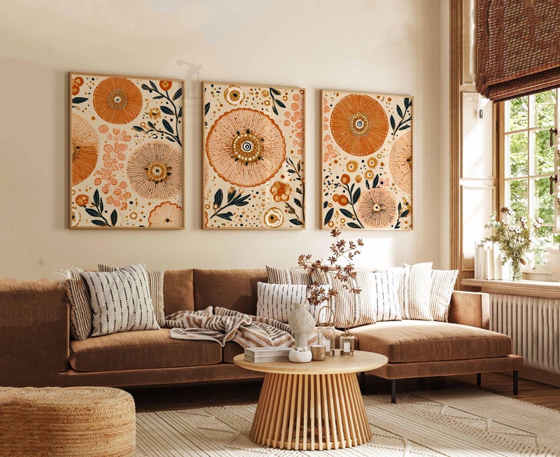 TNESSENTIAL Boho Floral Wall Art Set of 3, Abstract Botanical Prints in Orange and Beige, Modern Sunburst Flower Art for Living Room or Bedroom Decor - Image 4