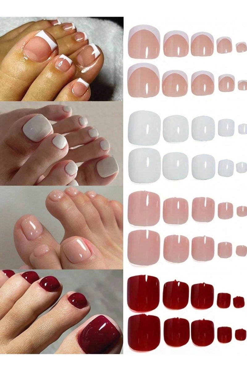 اظافر تركيب للقدم مزيفه بتصميم مربع 96 ظفر باربع الوان مختلفه  مع صمغ ومبرد - Image 1