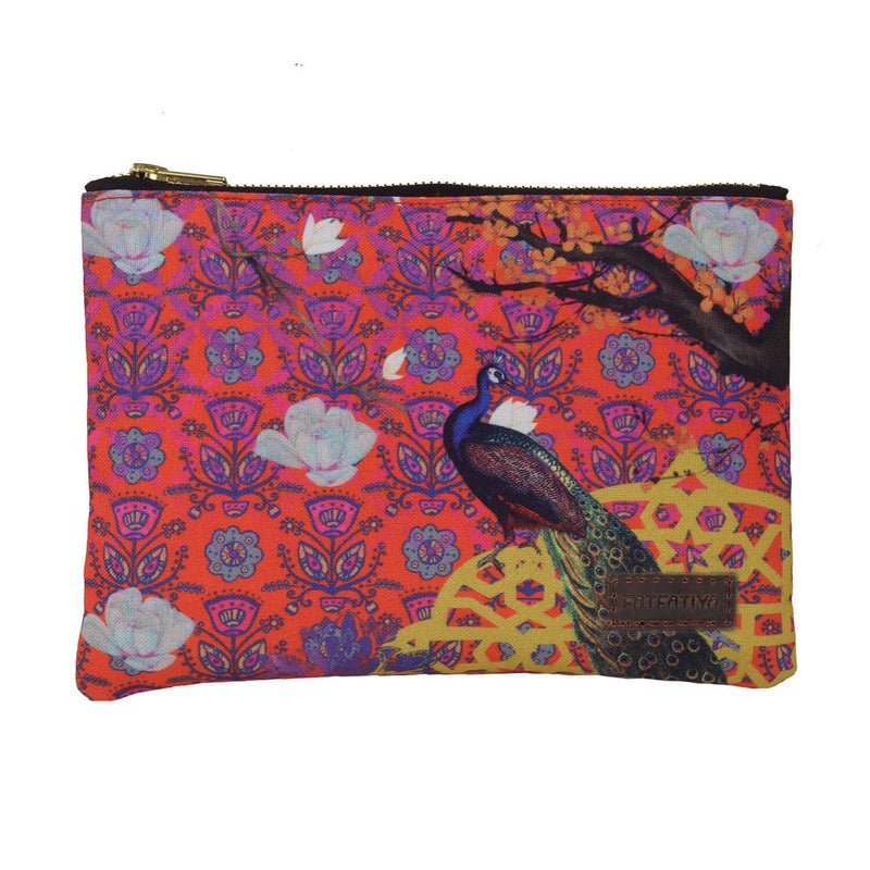 Fatfatiya Gorgeous Indian Peacock Multipurpose Utility Pouch with Zip Clouser for Women Girls Ideal for Daily Use Travel Easy to Storing Keys Wallet Makeup and Accessories 18x12x1 - Image 1