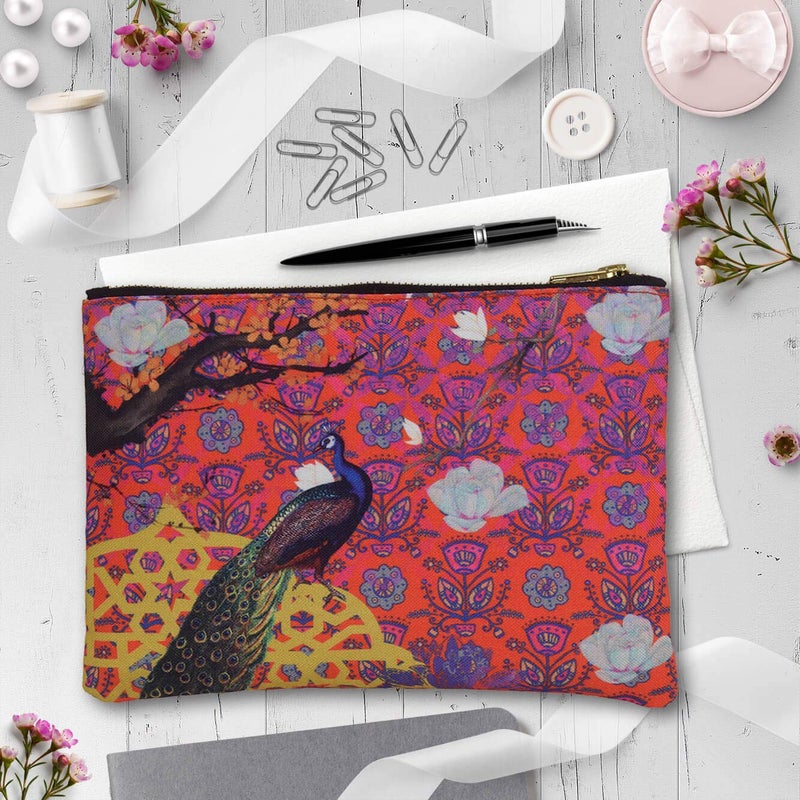 Fatfatiya Gorgeous Indian Peacock Multipurpose Utility Pouch with Zip Clouser for Women Girls Ideal for Daily Use Travel Easy to Storing Keys Wallet Makeup and Accessories 18x12x1 - Image 2