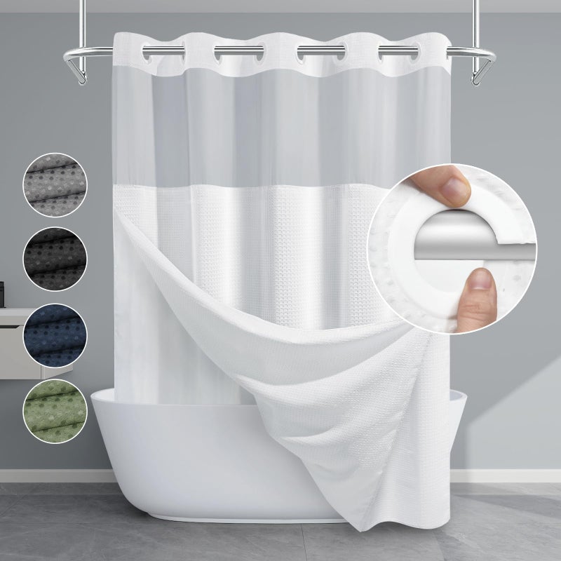 EUTXL White No Hook Shower Curtain with Snap in Liner230GSM Waffle Weave Shower Curtains for Bathroom71W x 74H