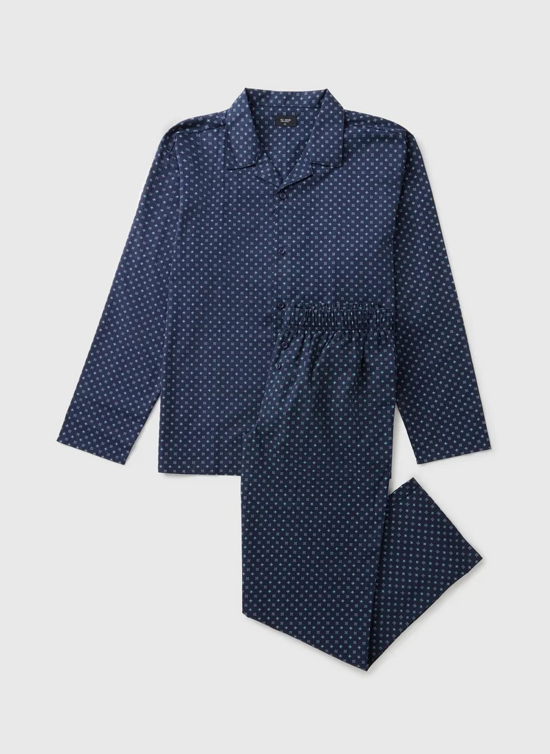 Matalan Navy Woven Geo Long Pyjama Set