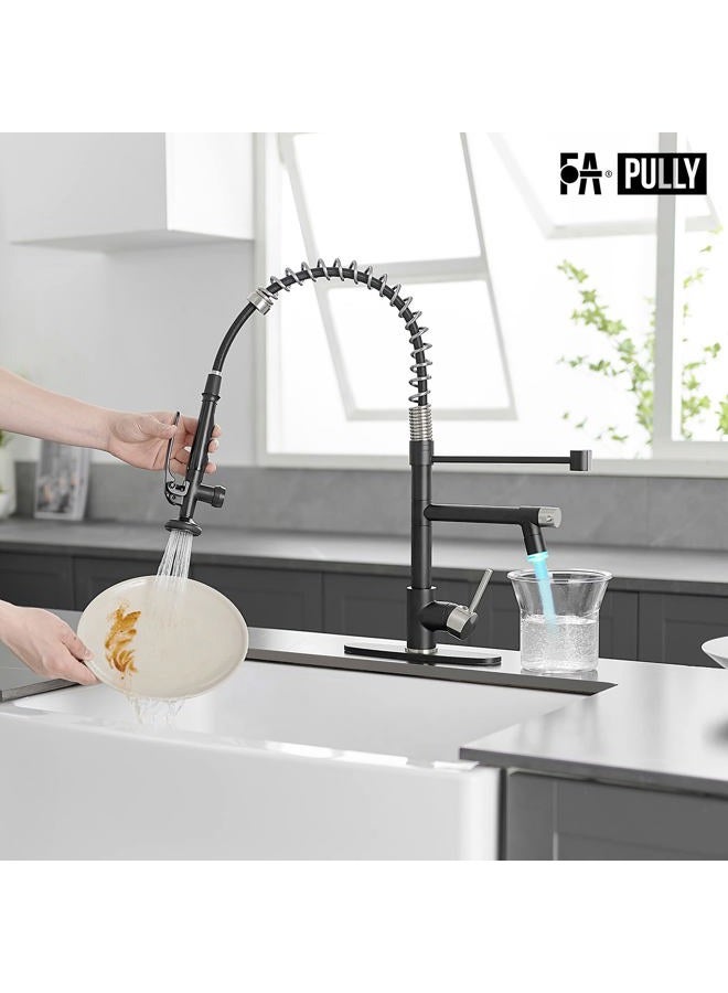 Fapully Kitchen Faucet,Black&Brushed Nickel Kitchen Faucet with Pull Down Sprayer,Commercial Kitchen Faucet with LED Light and Deck Plate - Image 2
