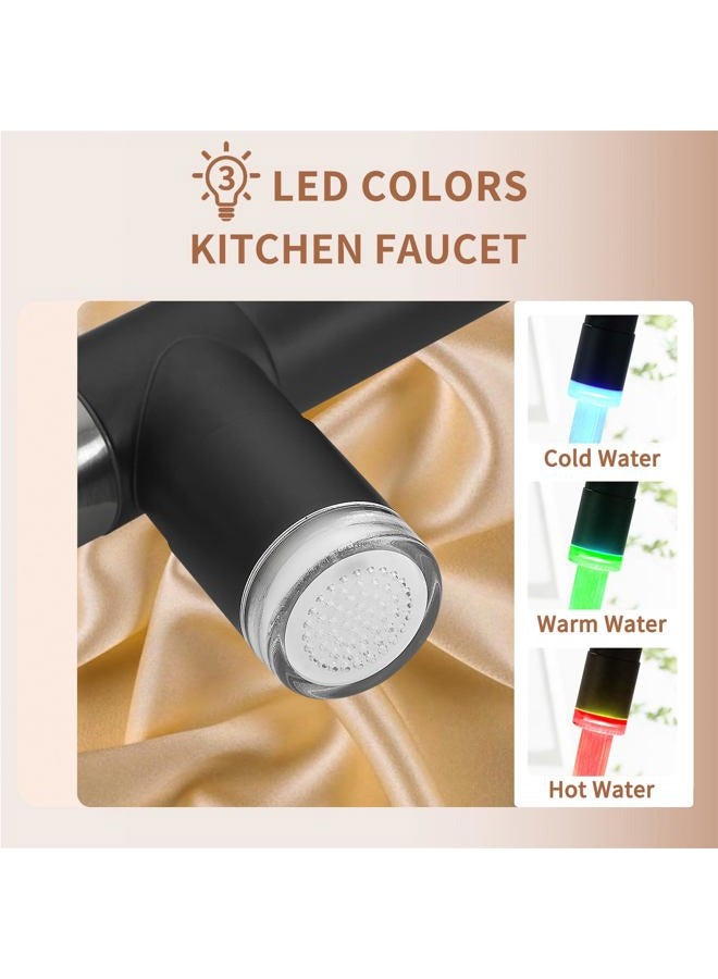 Fapully Kitchen Faucet,Black&Brushed Nickel Kitchen Faucet with Pull Down Sprayer,Commercial Kitchen Faucet with LED Light and Deck Plate - Image 3