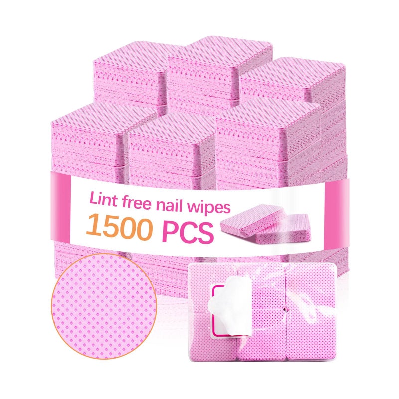 lipetol 1500Pcs Lint Free Nail Wipes, Pink No Lint Nail Wipes for Gel Nails Lint Free Polish Remover Wipe Eyelash Extensions Glue Nails Cleaning Pads Supplies - Image 1