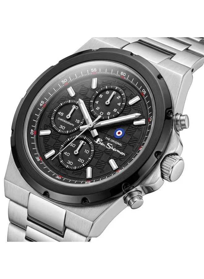 بين شيرمان Manchester  Black Dial Stainless Steel Bracelet Chronograph Watch for Men, 43mm