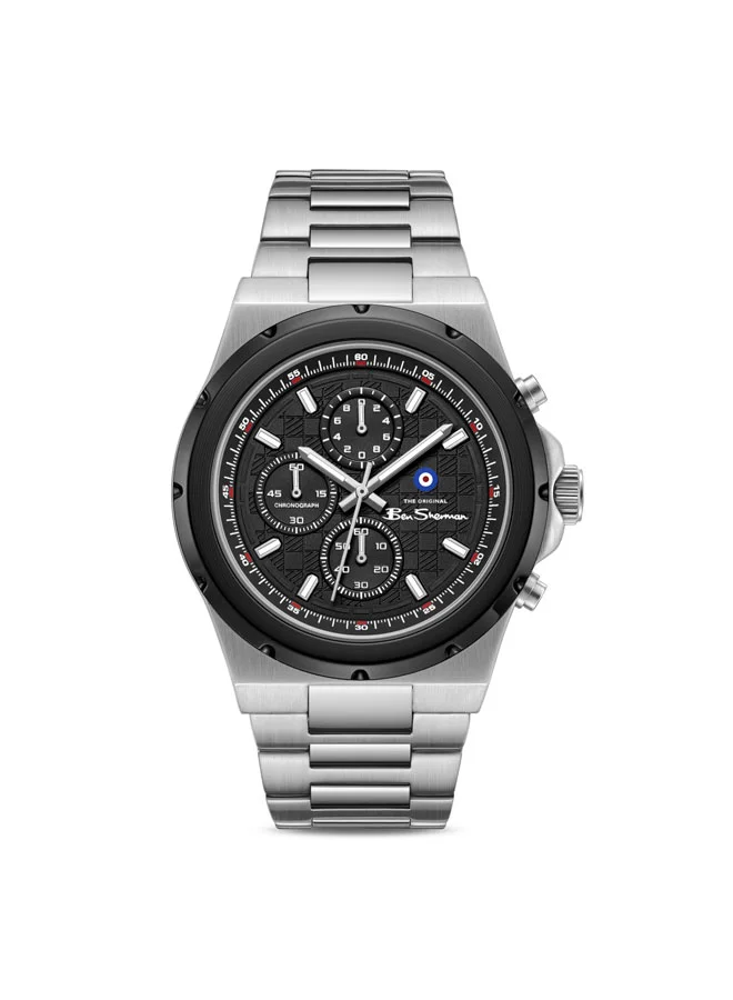 بين شيرمان Manchester  Black Dial Stainless Steel Bracelet Chronograph Watch for Men, 43mm