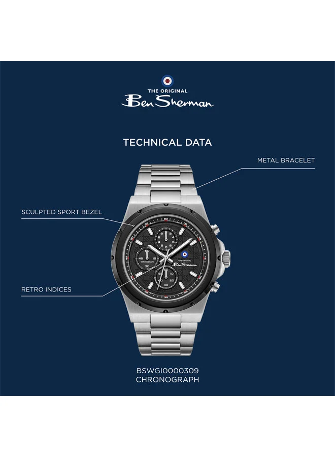 Ben Sherman Black Manchester  Black Dial Stainless Steel Bracelet Chronograph Watch for Men, 43mm for Men | Best Price UAE