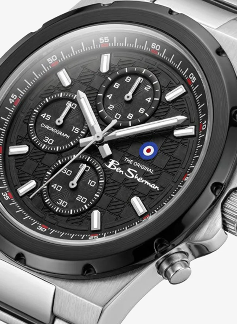 Ben Sherman Manchester  Black Dial Stainless Steel Bracelet Chronograph Watch for Men, 43mm