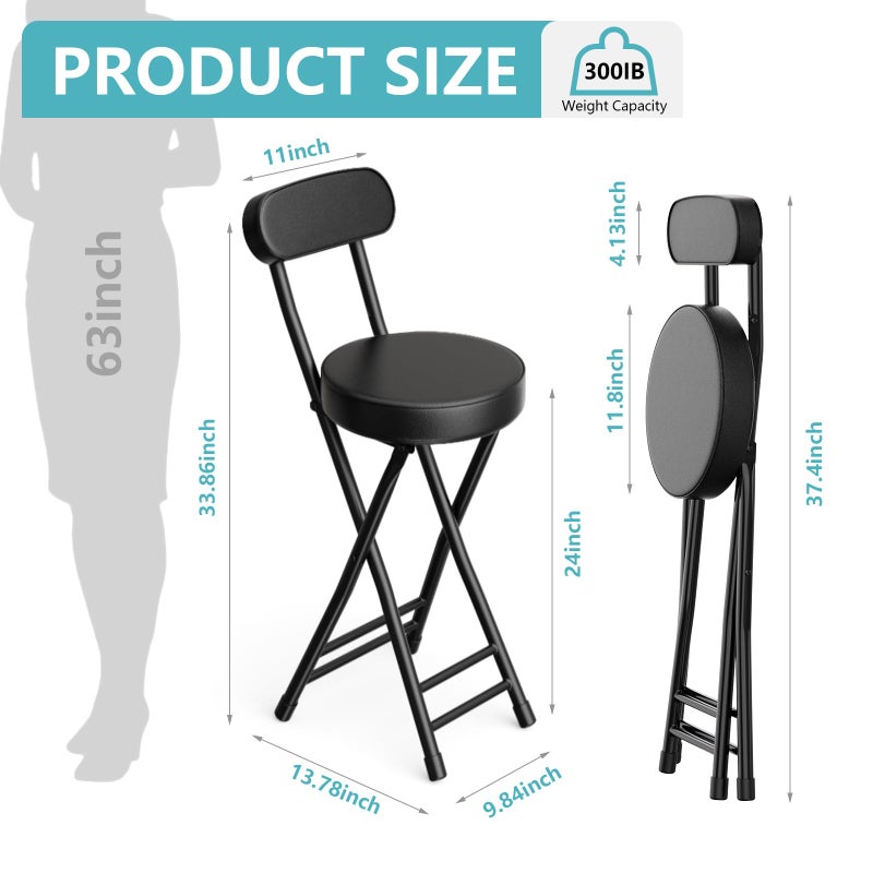 GLCS GLAUCUS Folding Stool,Cushioned Padded Folding Bar Stool,24inch Black Height Heavy Duty Portable Chair Stool with 300lbs Capacity for Kitchen Living Room Garden Camping Fishing - Image 4
