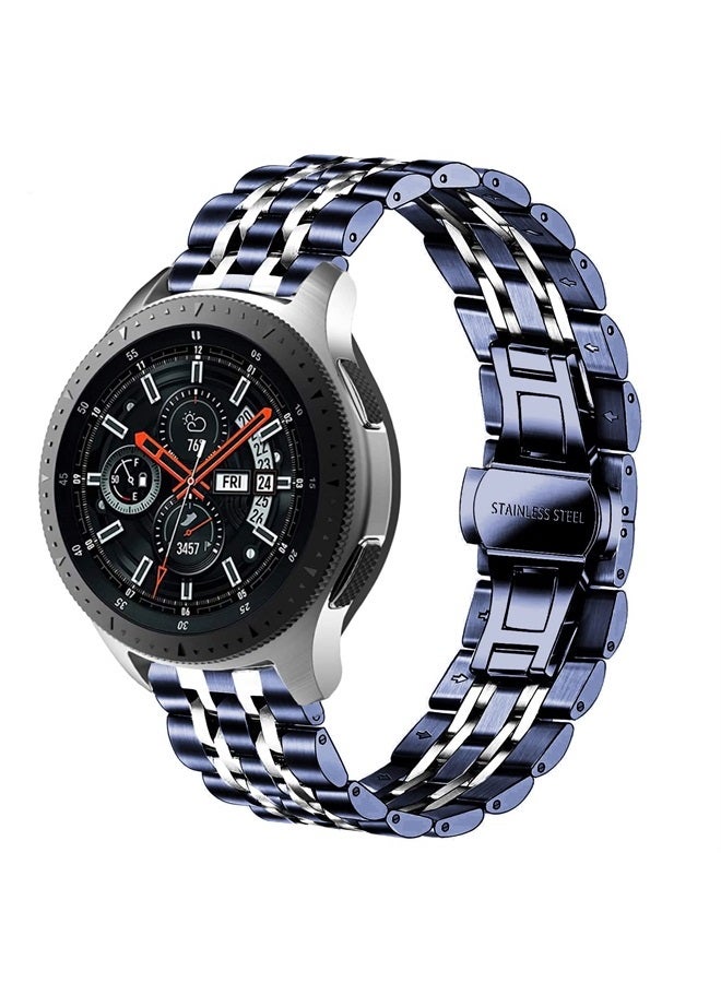 DEALELE Band Compatible with Samsung Gear S3 / Galaxy Watch 46mm / Galaxy Watch 3 45mm, 22mm 7-Rows Stainless Steel Metal Replacement Strap for Huawei Watch 3 / 3 Pro / GT3 46mm (Blue-silver) - Image 1