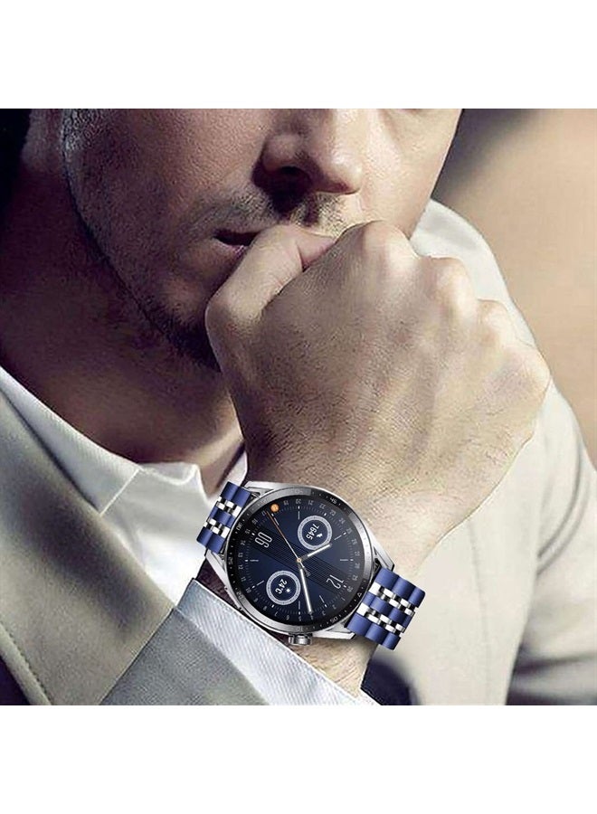 DEALELE Band Compatible with Samsung Gear S3 / Galaxy Watch 46mm / Galaxy Watch 3 45mm, 22mm 7-Rows Stainless Steel Metal Replacement Strap for Huawei Watch 3 / 3 Pro / GT3 46mm (Blue-silver) - Image 4