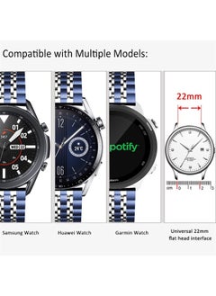 DEALELE Band Compatible with Samsung Gear S3 / Galaxy Watch 46mm / Galaxy Watch 3 45mm, 22mm 7-Rows Stainless Steel Metal Replacement Strap for Huawei Watch 3 / 3 Pro / GT3 46mm (Blue-silver)  - Image 3