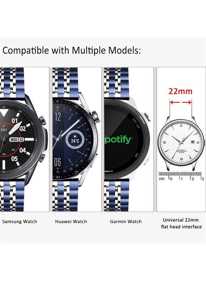 DEALELE Band Compatible with Samsung Gear S3 / Galaxy Watch 46mm / Galaxy Watch 3 45mm, 22mm 7-Rows Stainless Steel Metal Replacement Strap for Huawei Watch 3 / 3 Pro / GT3 46mm (Blue-silver) - Image 3