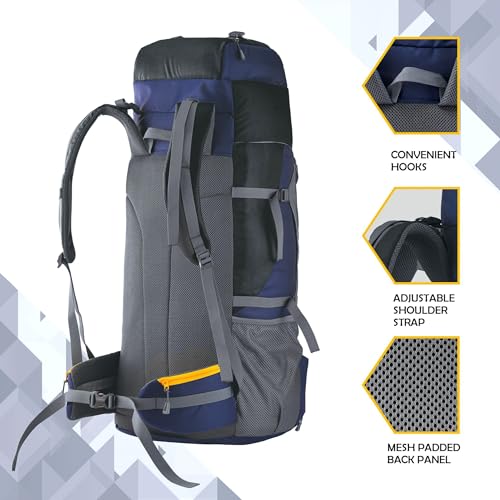 TRAWOC Vortex 60L Travel Backpack for Men & Women | Trekking Hiking Rucksack with Laptop Sleeve, YKK Zippers, Rain-Cover, Padded Hip Belt & Air Mesh Back | 3 Year Warranty | Navyblue - Image 3