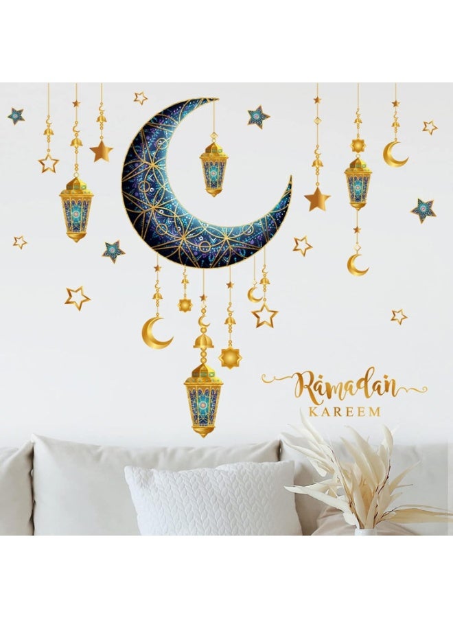 Ramadan Decorations Wall Stickers,Islamic Muslim Wall Art Decals,Eid Mubarak Ramadan Decor Lantern Moon Star Window Clings for Home Living Room Bedroom Decorations Wallpaper - Image 1