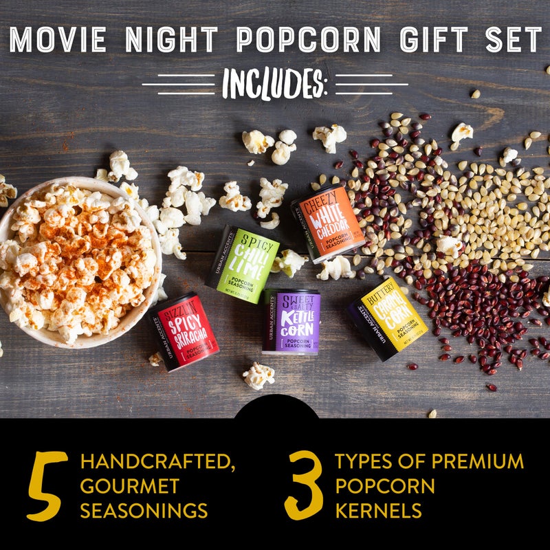 Urban Accents Movie Night Popcorn Gift Set - Includes 3 Gourmet Popcorn Kernel Varieties & 5 Flavorful Seasonings - Perfect Snack Gift Box for Parties, Holidays, or Movie Lovers - Image 2