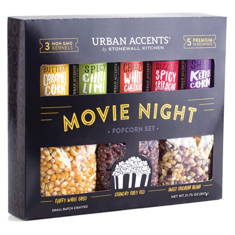 Urban Accents Movie Night Popcorn Gift Set - Includes 3 Gourmet Popcorn Kernel Varieties & 5 Flavorful Seasonings - Perfect Snack Gift Box for Parties, Holidays, or Movie Lovers - Image 1