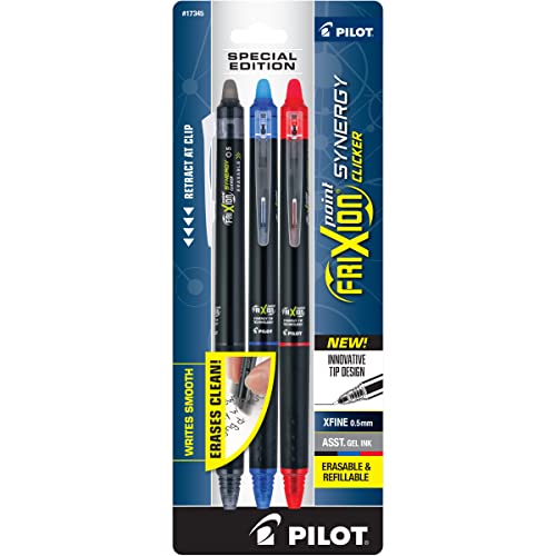Pilot FriXion Synergy Clicker Erasable, Refillable, Retractable Gel Ink Pens, Extra Fine Point 0.5 mm, Pack of 3, Assorted Colors, FriXion Erasable Pens 0.5 - Ideal for School & Office Writing - Image 2