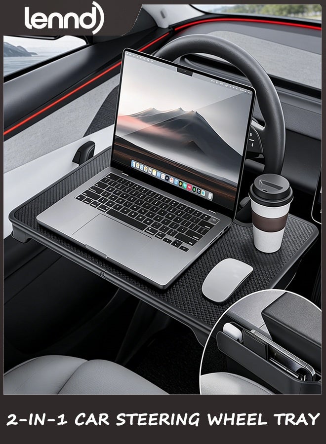 LENND 2-in-1 Car Steering Wheel Desk Tray & Car Seat Gap Filler Organizer – Foldable Look Table for Laptop, Eating Food, Writing – for Standard Round Steering Wheels - Image 1